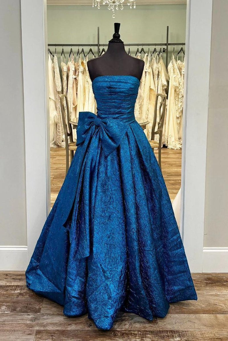 Strapless Royal Blue Ruched A-line Long Formal Gown