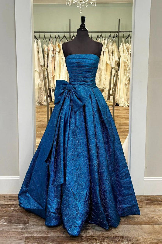 Strapless Royal Blue Ruched A-line Long Formal Gown