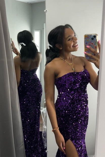 Strapless Sequin Mermaid Long Prom Dress with Slit