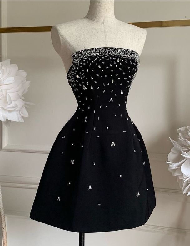 Strapless Sleeveless Beaded Satin A-Line Mini Homecoming Dress