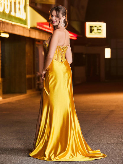 Strapless Sweetheart Beaded High Slit Backless Maxi Dress Marigold