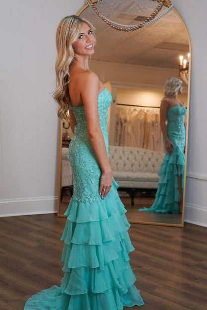 Strapless Teal Lace Appliques Fitted Ruffle Prom Dress
