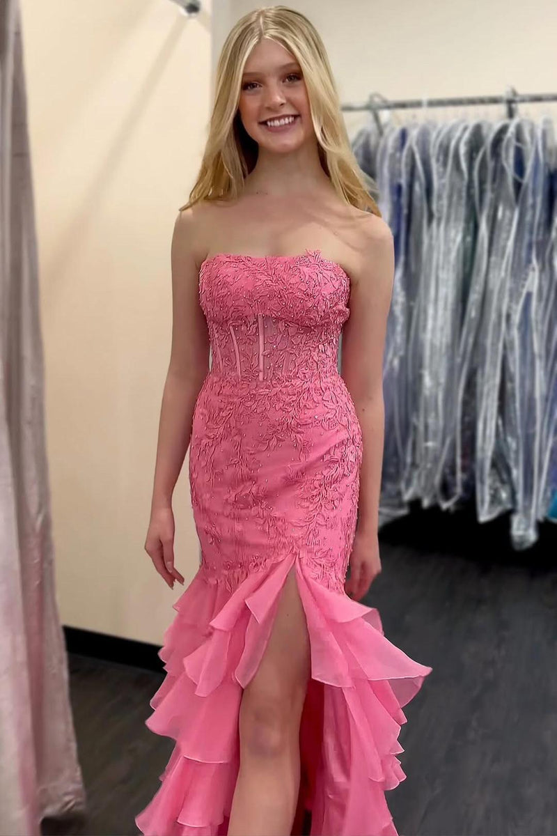 Strapless Teal Lace Appliques Fitted Ruffle Prom Dress