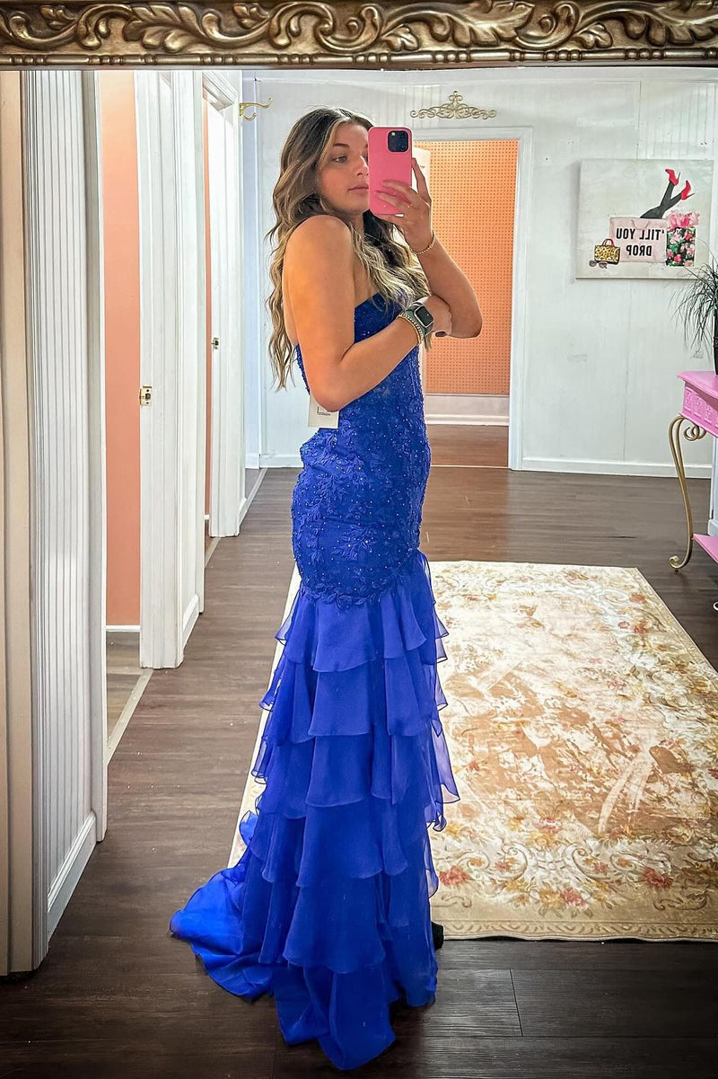 Strapless Teal Lace Appliques Fitted Ruffle Prom Dress