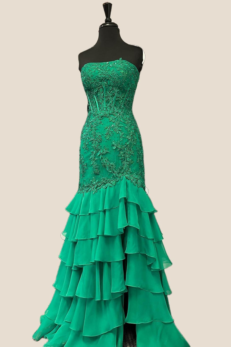 Strapless Teal Lace Appliques Fitted Ruffle Prom Dress