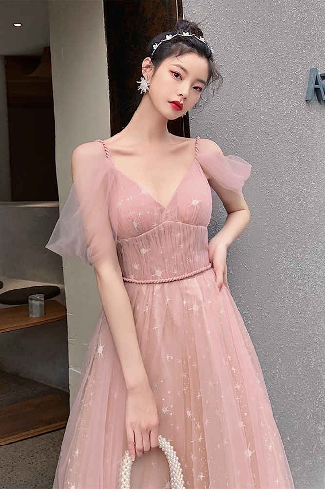 Straps A-line Blush Pink Tulle Long Party Dress