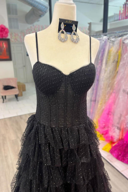Straps Black Corset Tiered Ruffles Long Formal Gown