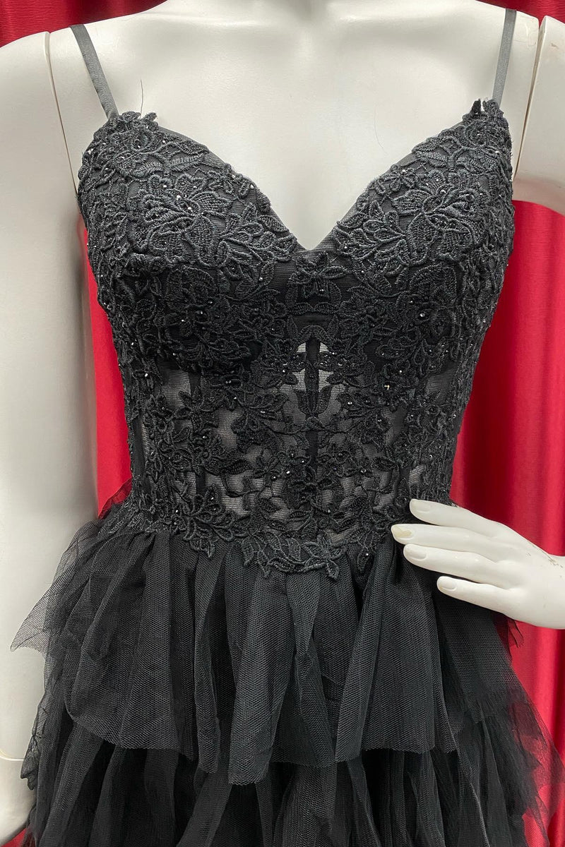 Straps Black Lace and Tulle Ruffles Party Dress
