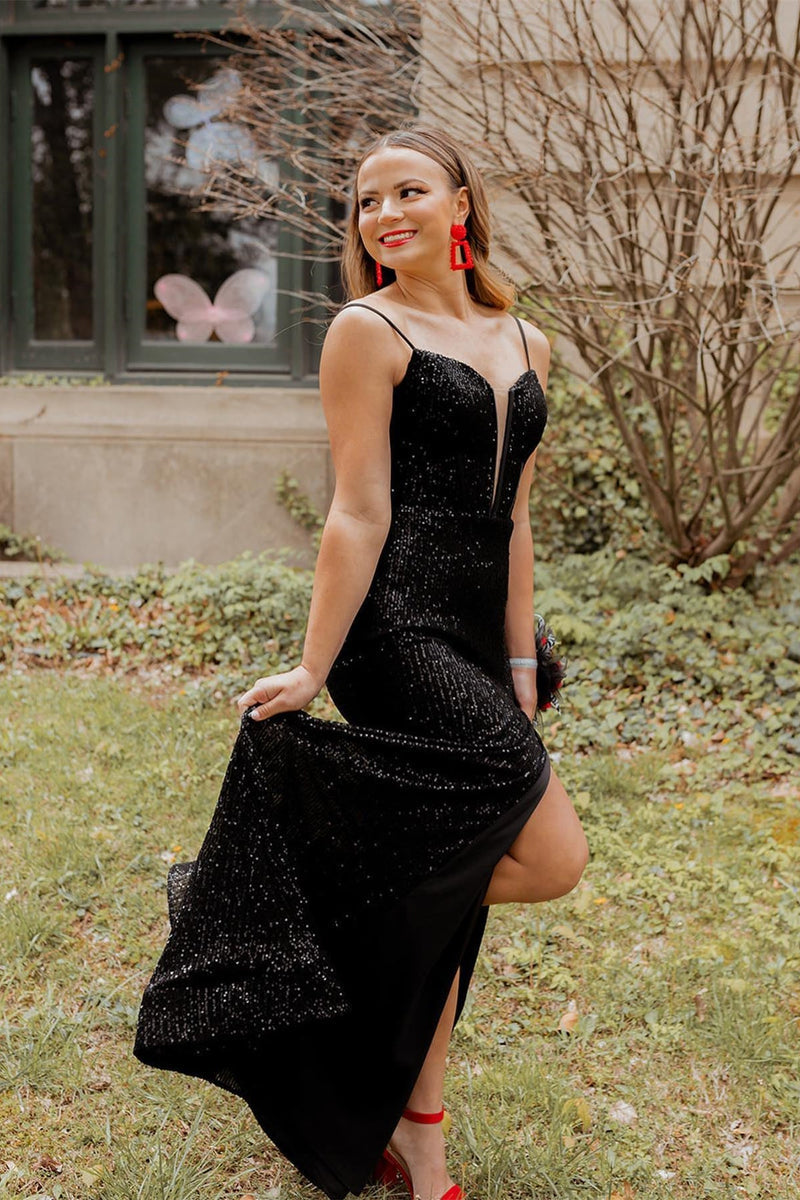Straps Black Sequin Mermaid Long Formal Dress