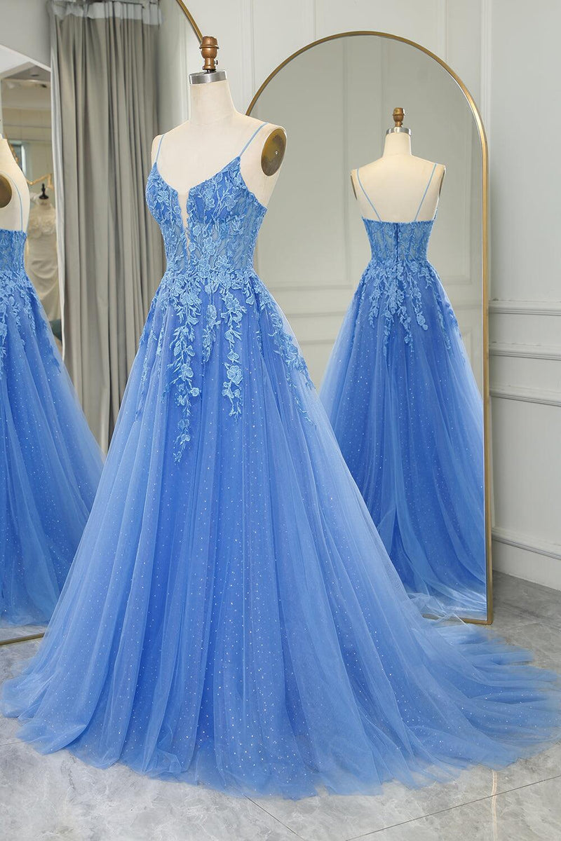 Straps Blue Lace Appliques A-line Long Formal Dress