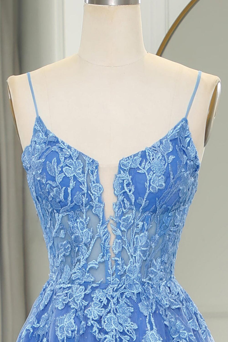 Straps Blue Lace Appliques A-line Long Formal Dress