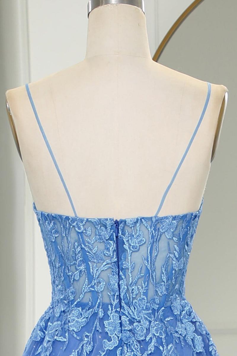 Straps Blue Lace Appliques A-line Long Formal Dress