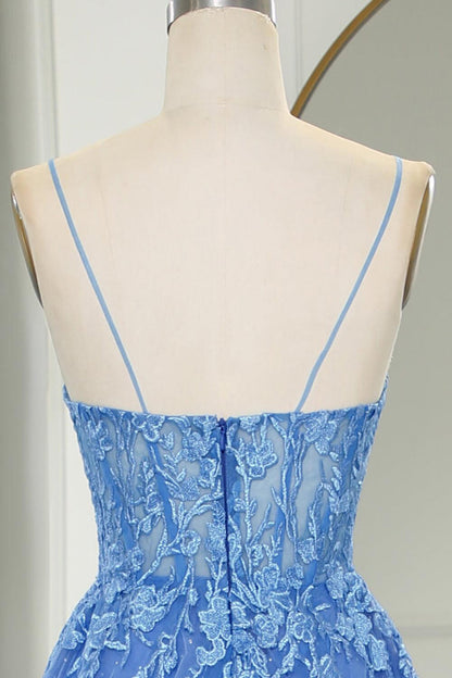 Straps Blue Lace Appliques A-line Long Formal Dress