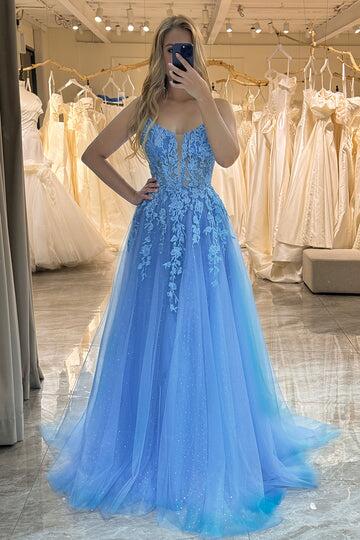 Straps Blue Lace Appliques A-line Long Formal Dress