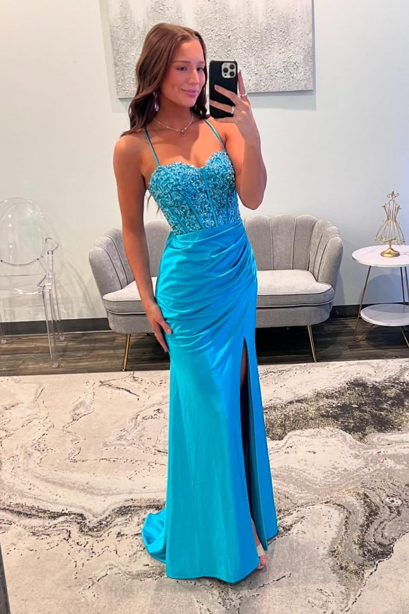 Straps Blue Lace Appliques and Satin Fitted Long Prom Dress