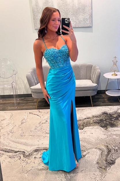 Straps Blue Lace Appliques and Satin Fitted Long Prom Dress
