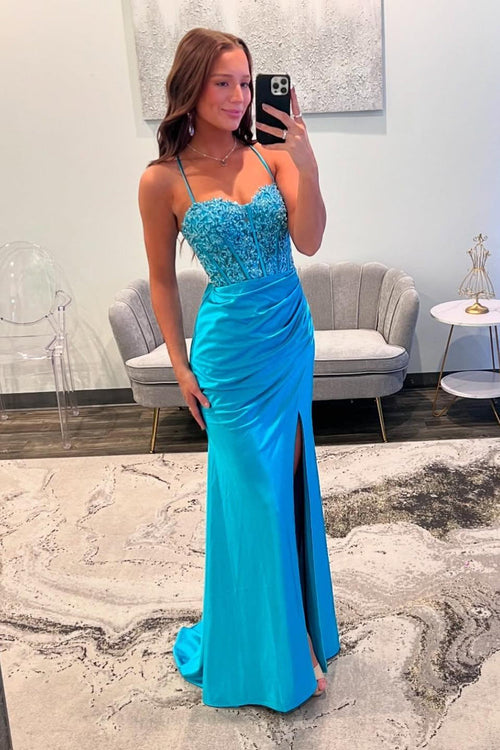 Straps Blue Lace Appliques and Satin Fitted Long Prom Dress
