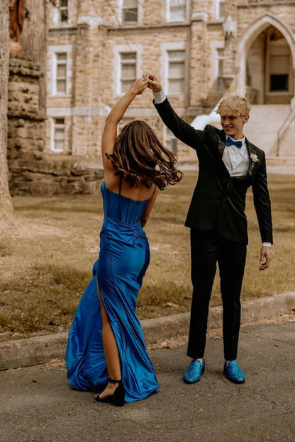 Straps Blue Satin Mermaid Long Formal Dress