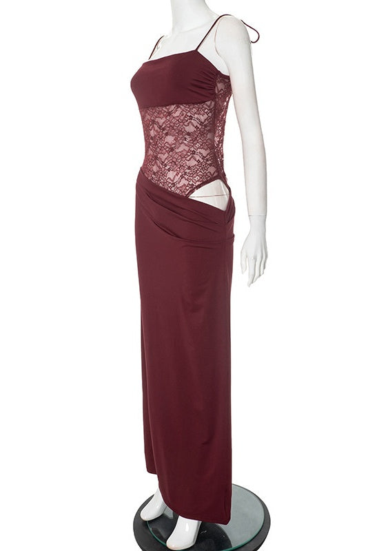 Straps Burgundy Sheer Tight Long Dress