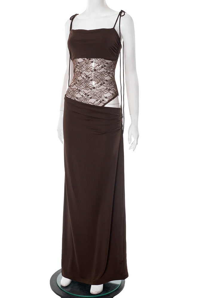 Straps Burgundy Sheer Tight Long Dress