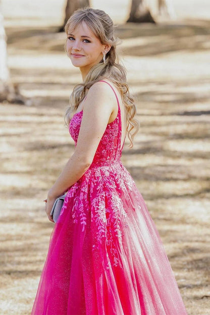 Straps Hot Pink Appliques Tulle Long Formal Gown