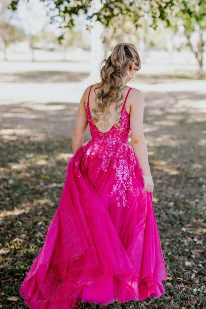 Straps Hot Pink Appliques Tulle Long Formal Gown