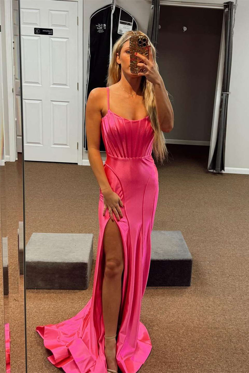 Straps Hot Pink Fitted Long Formal Dress with Slit