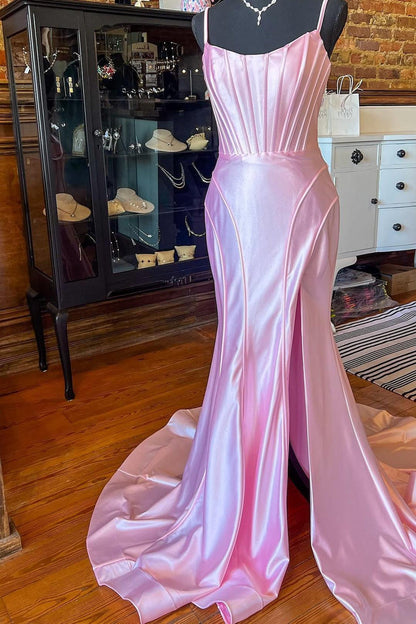Straps Hot Pink Fitted Long Formal Dress with Slit