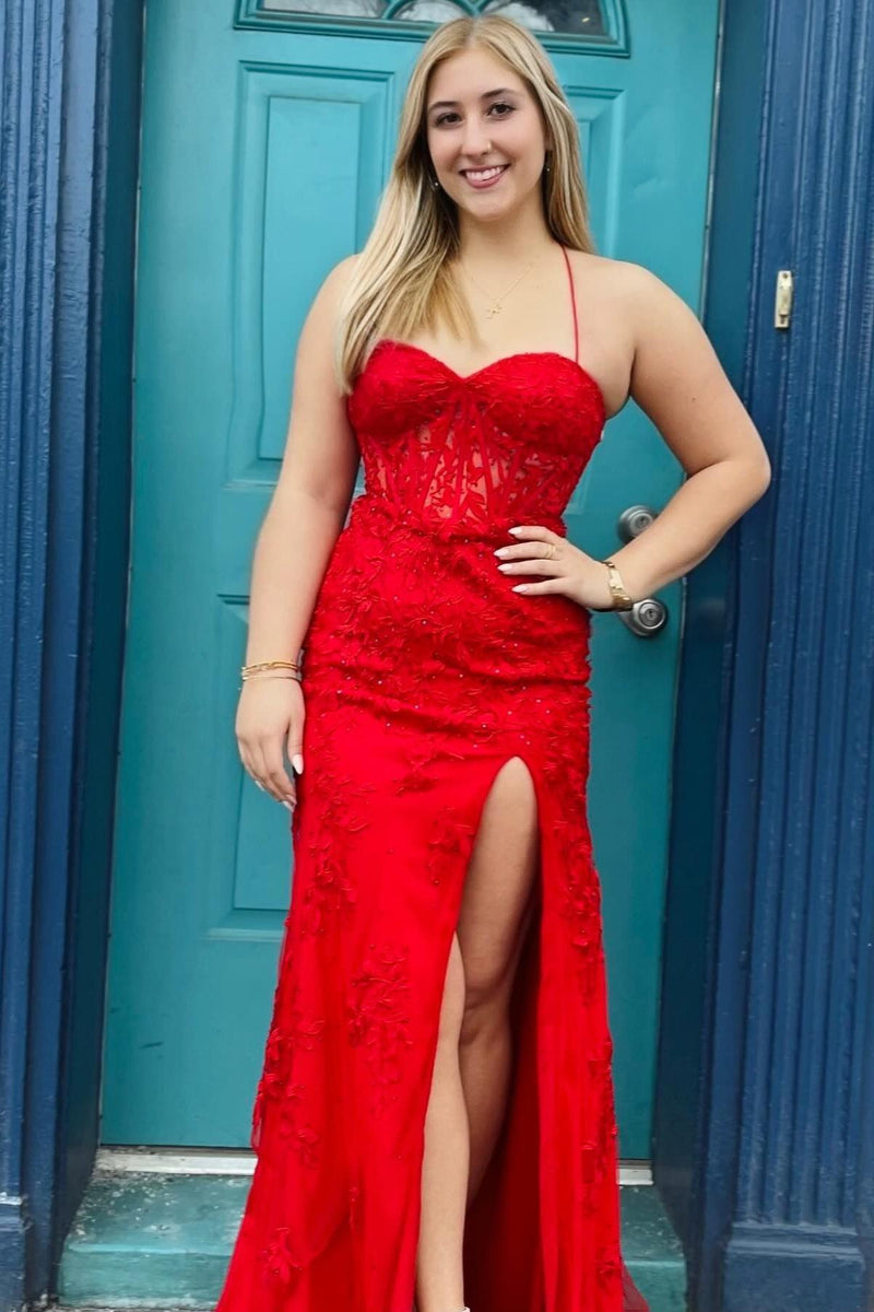 Straps Hot Pink Lace Mermaid Long Prom Dress