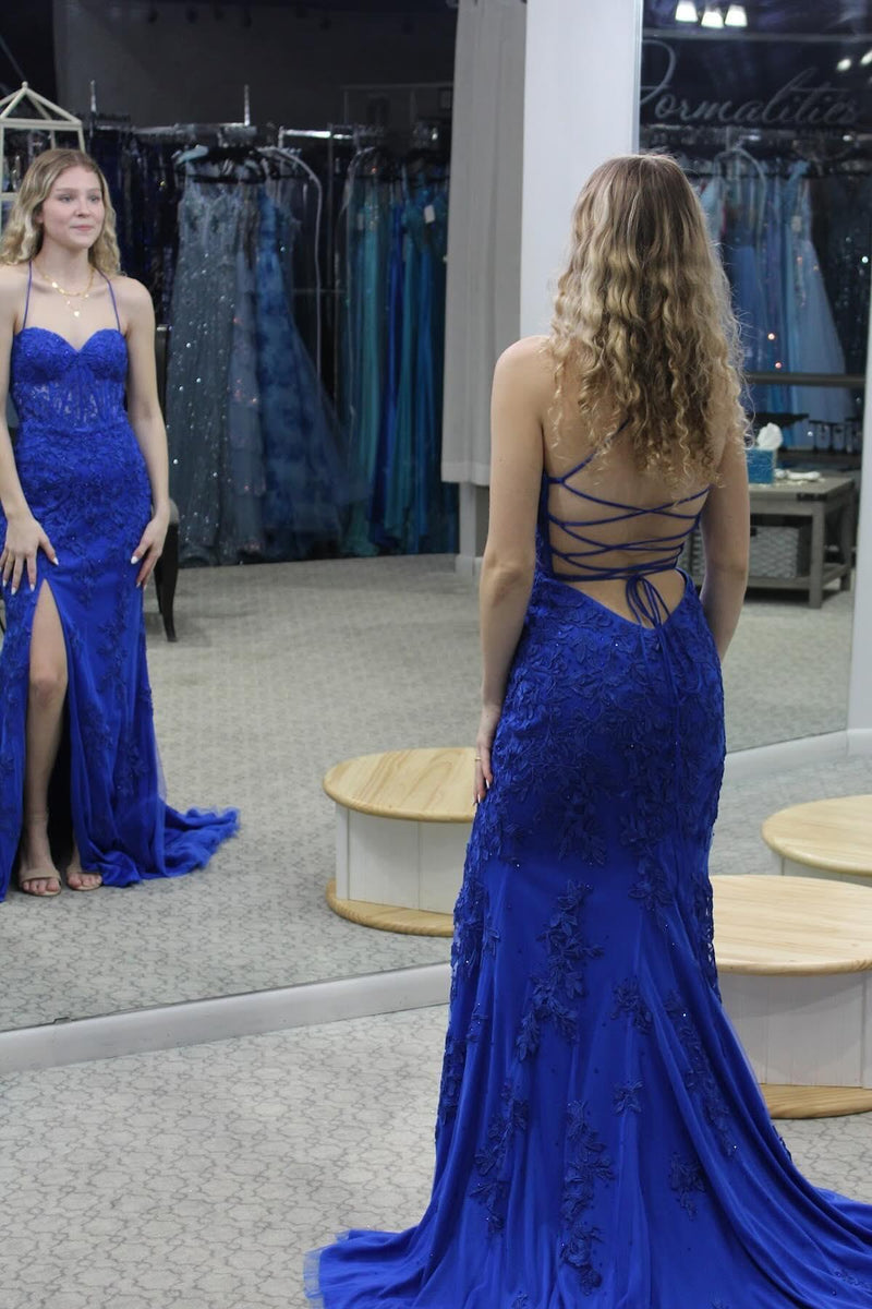 Straps Hot Pink Lace Mermaid Long Prom Dress