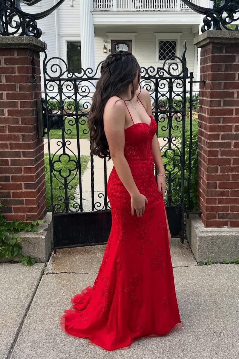 Straps Hot Pink Lace Mermaid Long Prom Dress