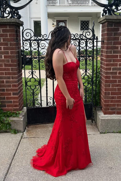 Straps Hot Pink Lace Mermaid Long Prom Dress