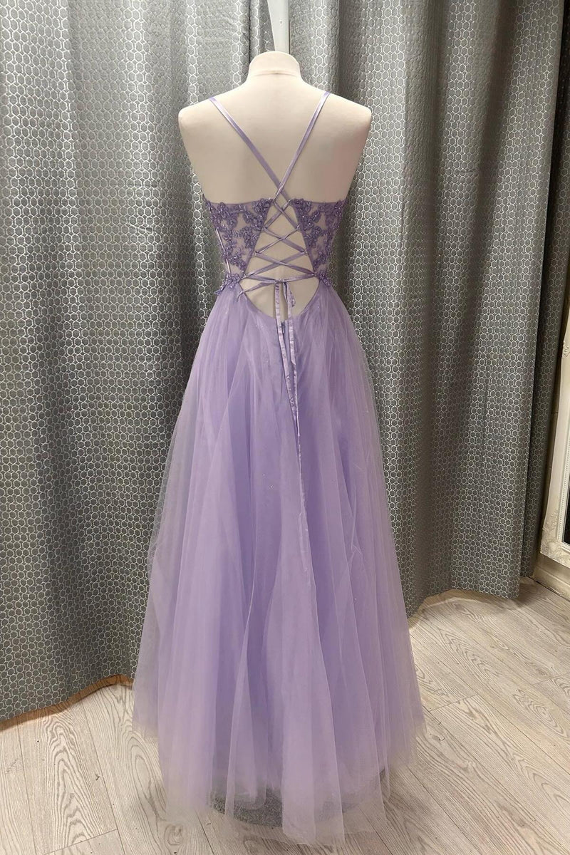 Straps Lavender Lace Appliques A-line Long Prom Dress
