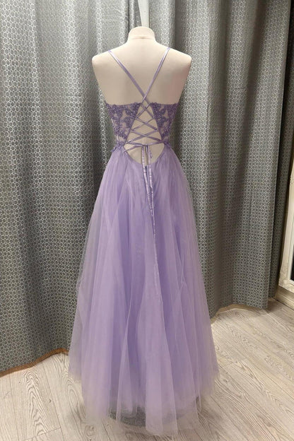 Straps Lavender Lace Appliques A-line Long Prom Dress