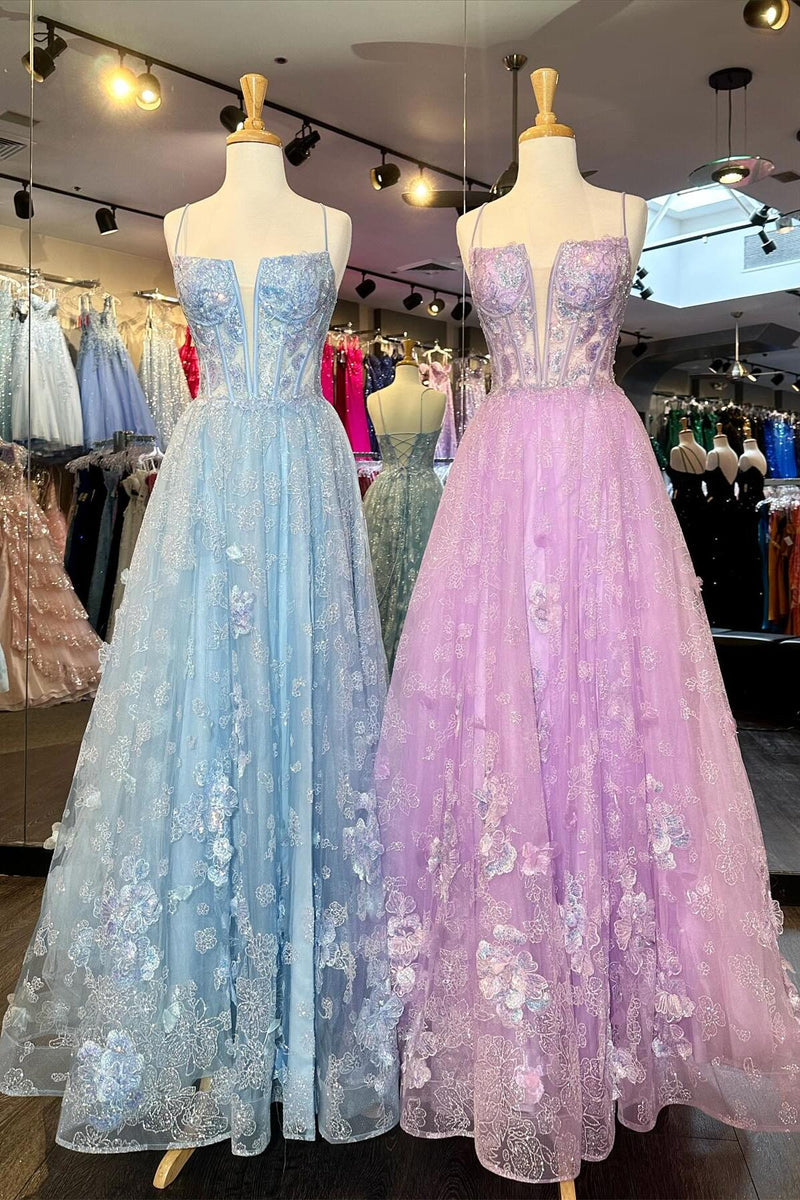 Straps Light Blue Appliques A-line Long Formal Dress