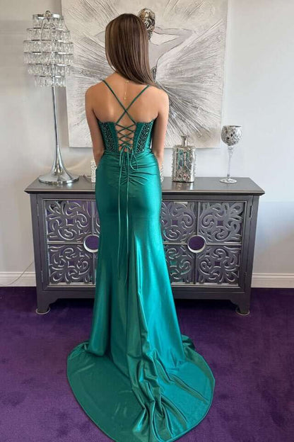 Straps Navy Blue Beaded Satin Mermaid Formal Dress