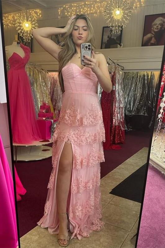 Straps Pink Appliques Tiered Ruffles Long Party Dress