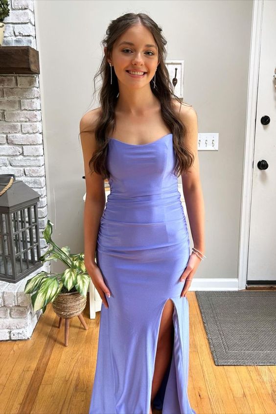 Straps Pink Mermaid Long Formal Dress with Slit