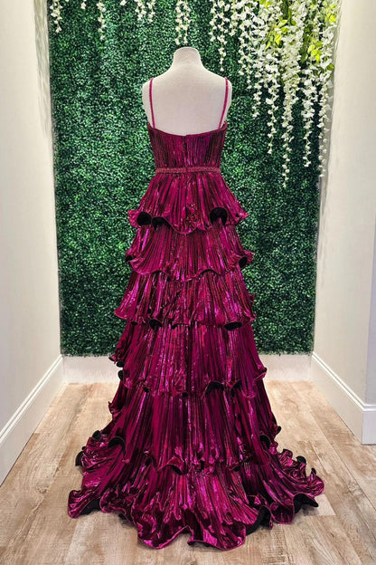 Straps Pink Metallic Pleated A-line Ruffle Long Formal Dress