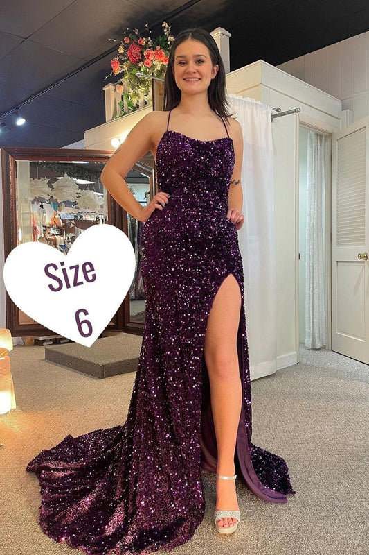 Straps Purple Sequin Mermaid Long Prom Dress