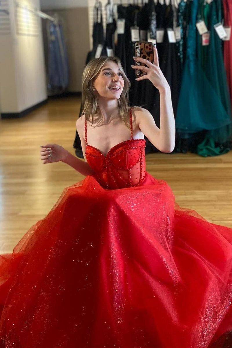 Straps Red Beaded Corset A-line Long Formal Dress with Slit