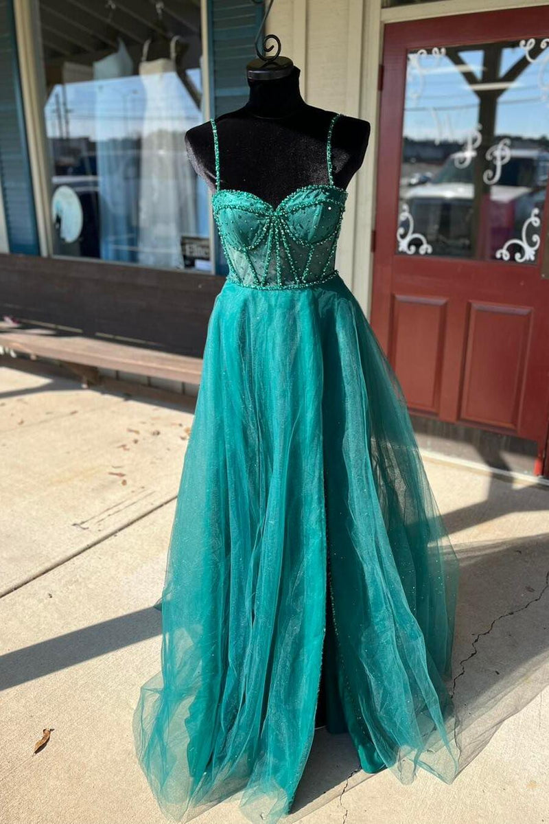 Straps Red Beaded Corset A-line Long Formal Dress with Slit