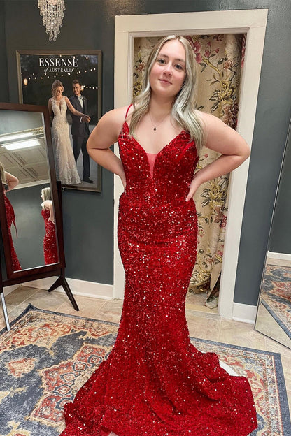 Straps Red Sequin Mermaid Long Formal Dress
