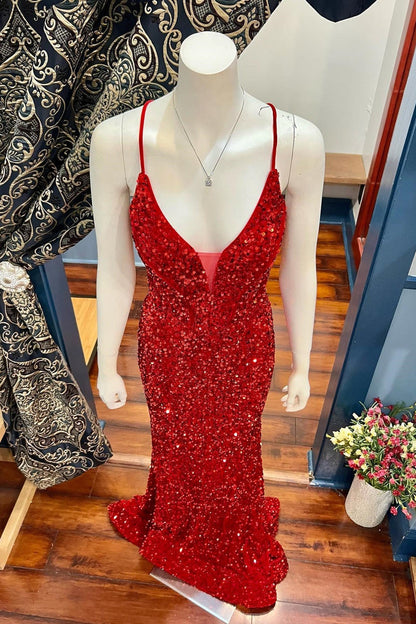 Straps Red Sequin Mermaid Long Formal Dress
