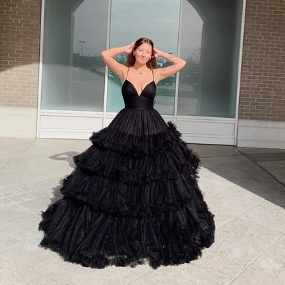 Straps Red Tiered Ruffles A-line Long Formal Dress