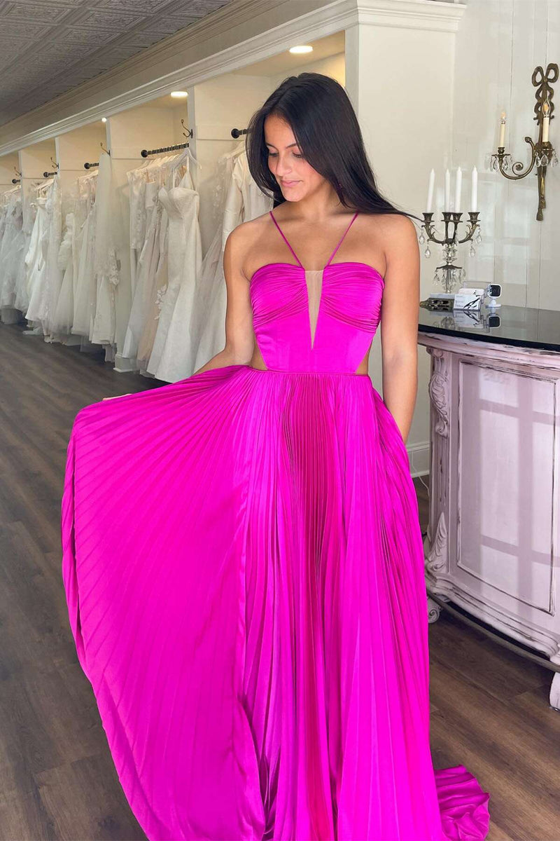 Straps Royal Blue Pleated Long Formal Dress with Bow Back