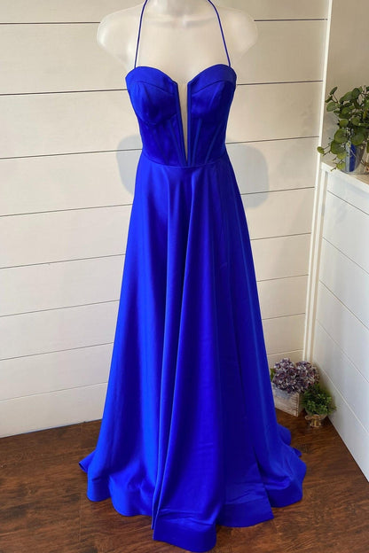 Straps Royal Blue Satin A-line Long Formal Drews