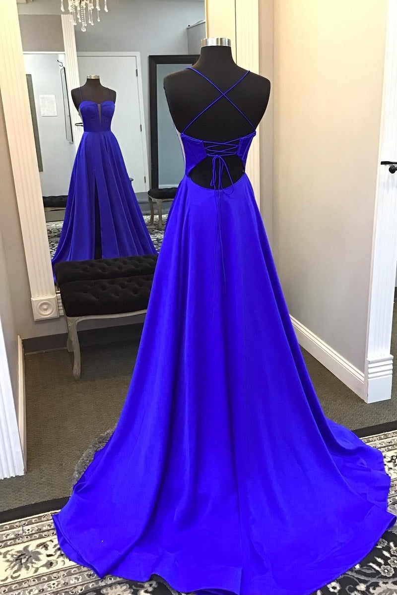 Straps Royal Blue Satin A-line Long Formal Drews