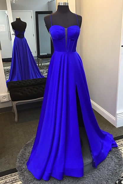 Straps Royal Blue Satin A-line Long Formal Drews