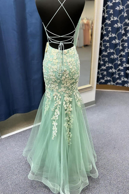 Straps Sage Green Lace Appliques Mermaid Long Prom Dress